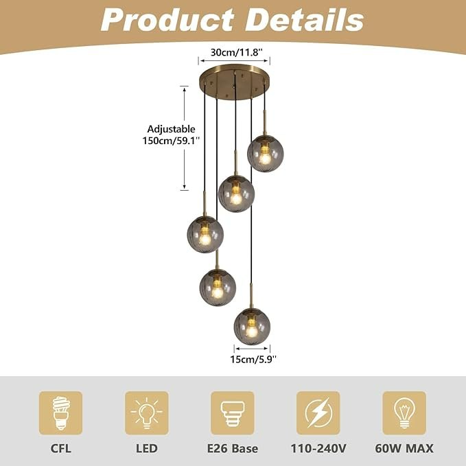 Chandelier - 5 Light Cluster Pendant (White and Golden) - photo 2