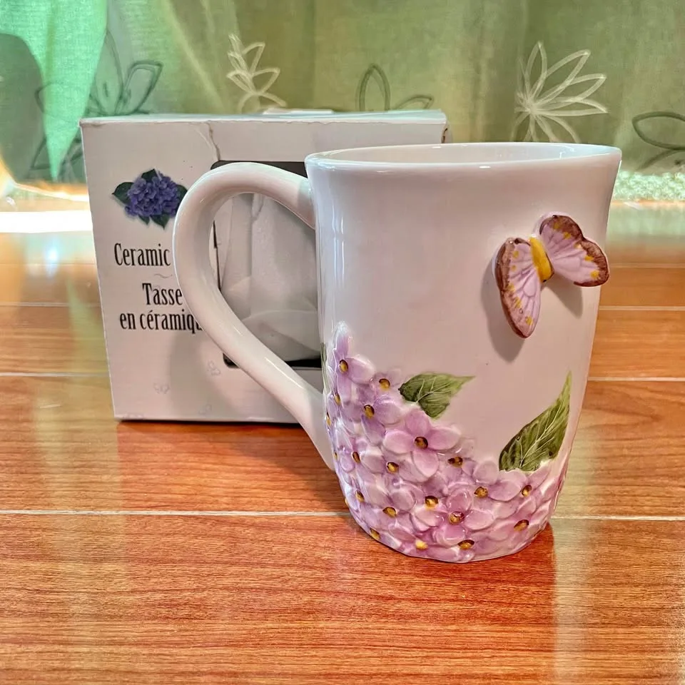 3D Coffee Mug Featuring Purple Hydrangeas and Butterfly thumbnail