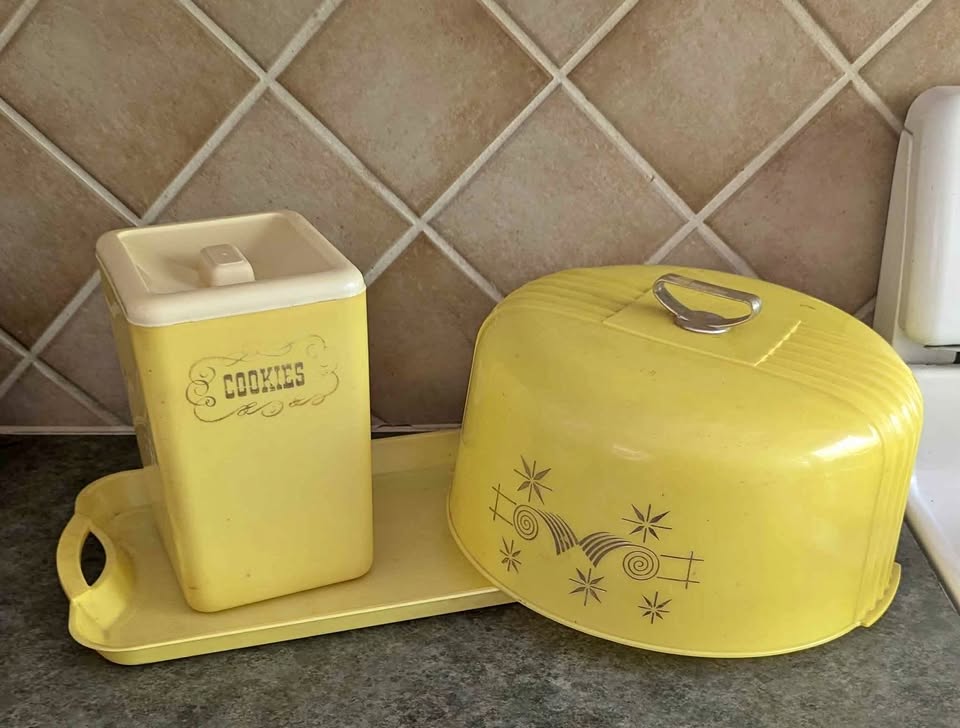 Vintage Yellow Cookies Canister & Lustro-Ware cake cover