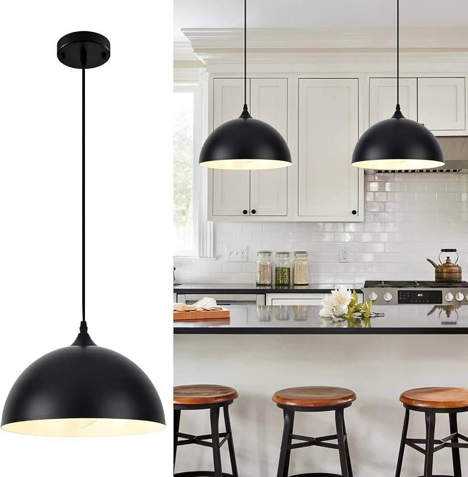 Black Pendant Light, 11.8 inch Black and White Dome (1 Pack)