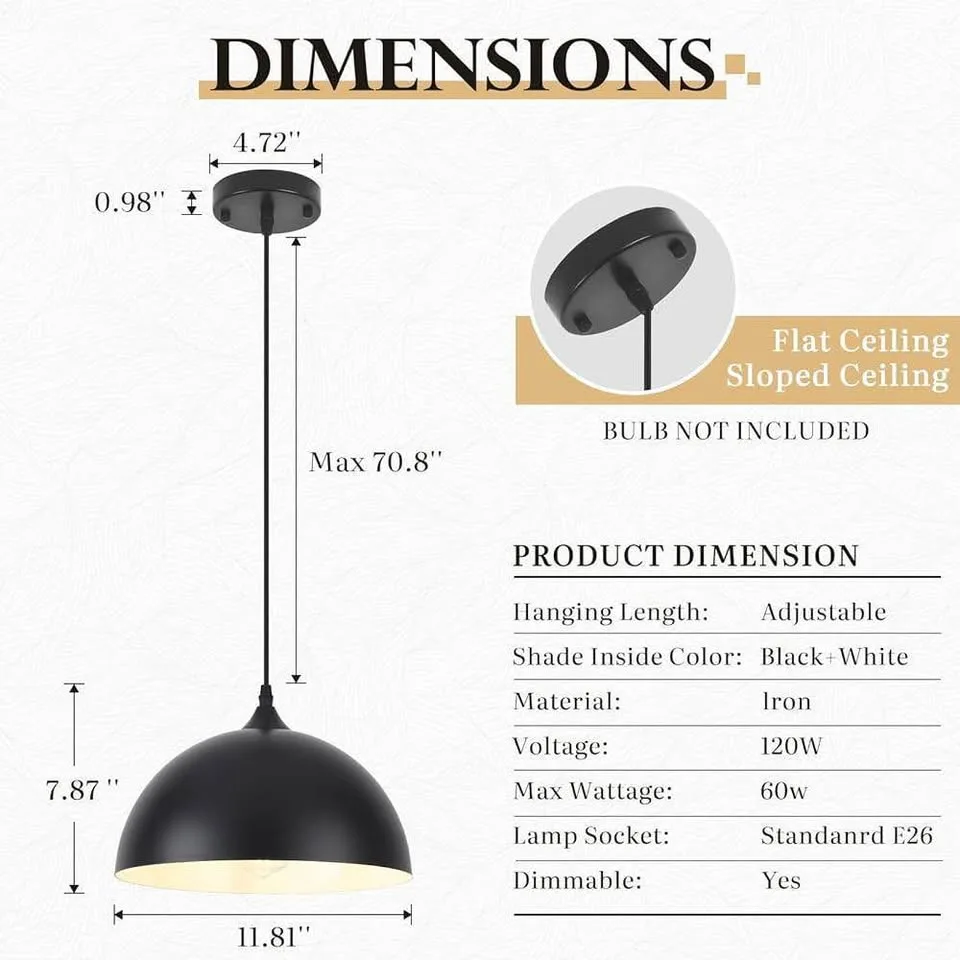 Black Pendant Light, 11.8 inch Black and White Dome (1 Pack) image indicator(2)