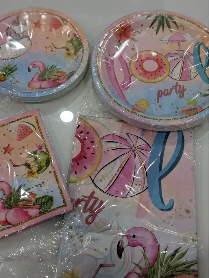 Uniform/flamingo pool party theme 40 plates, napkins, backdrop image indicator(2)