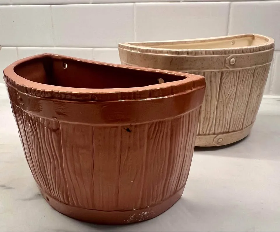 Pair, Vintage Wall Pocket Faux Wood “Barrels” image indicator(6)