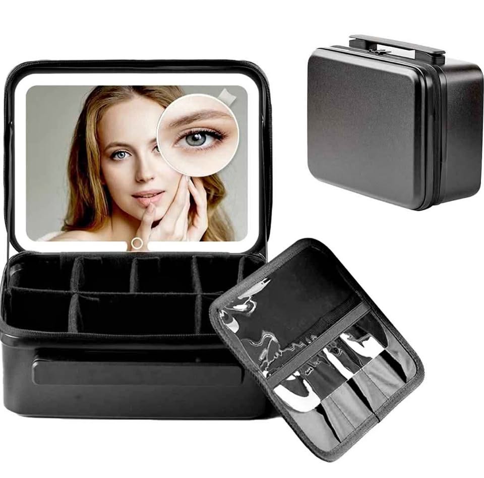 Travel Cosmetic Train Case with Removable Lighted Mirror
