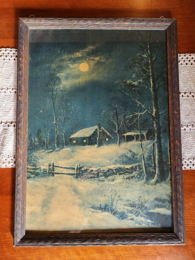 Vintage Framed Wintry Night Lithograph 21.75"x15.75"