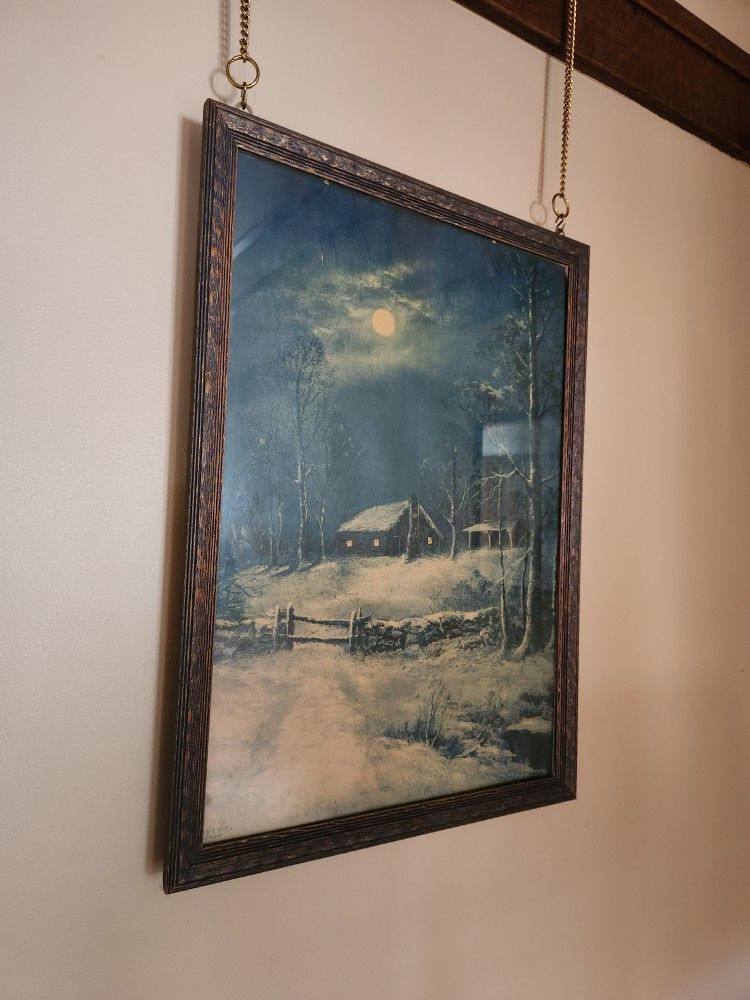 Vintage Framed Wintry Night Lithograph 21.75"x15.75" - photo 4