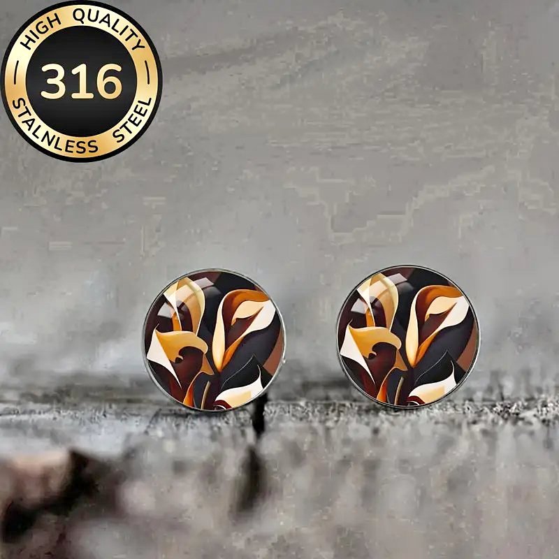 Glass Round Small Earrings - Coffee / Colorful Bubbles
