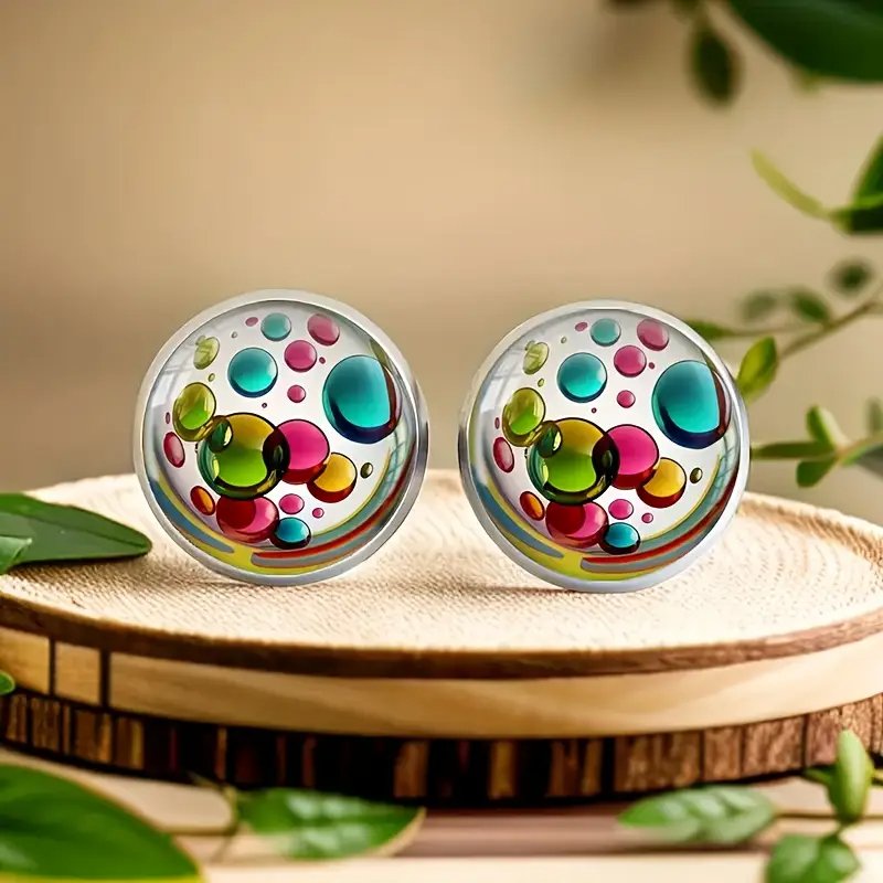Glass Round Small Earrings - Coffee / Colorful Bubbles - photo 2