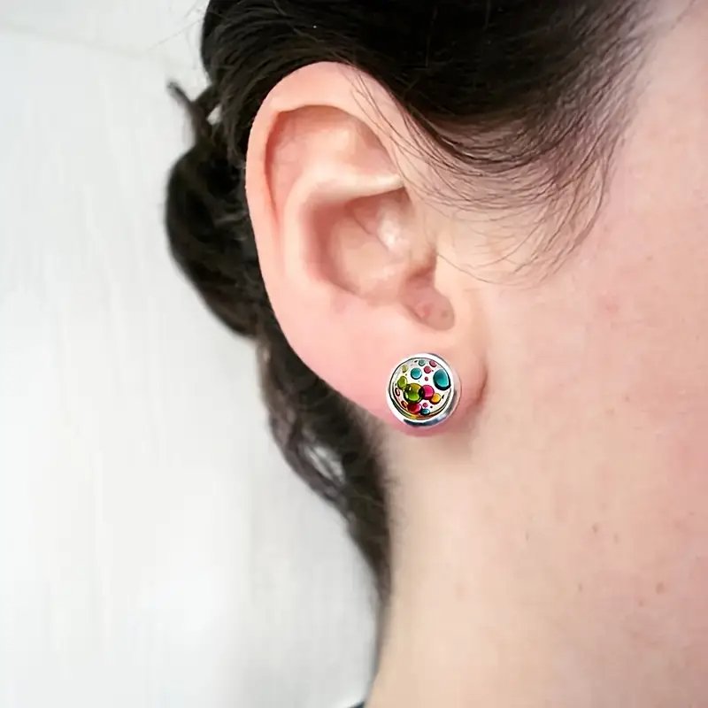 Glass Round Small Earrings - Coffee / Colorful Bubbles - photo 4