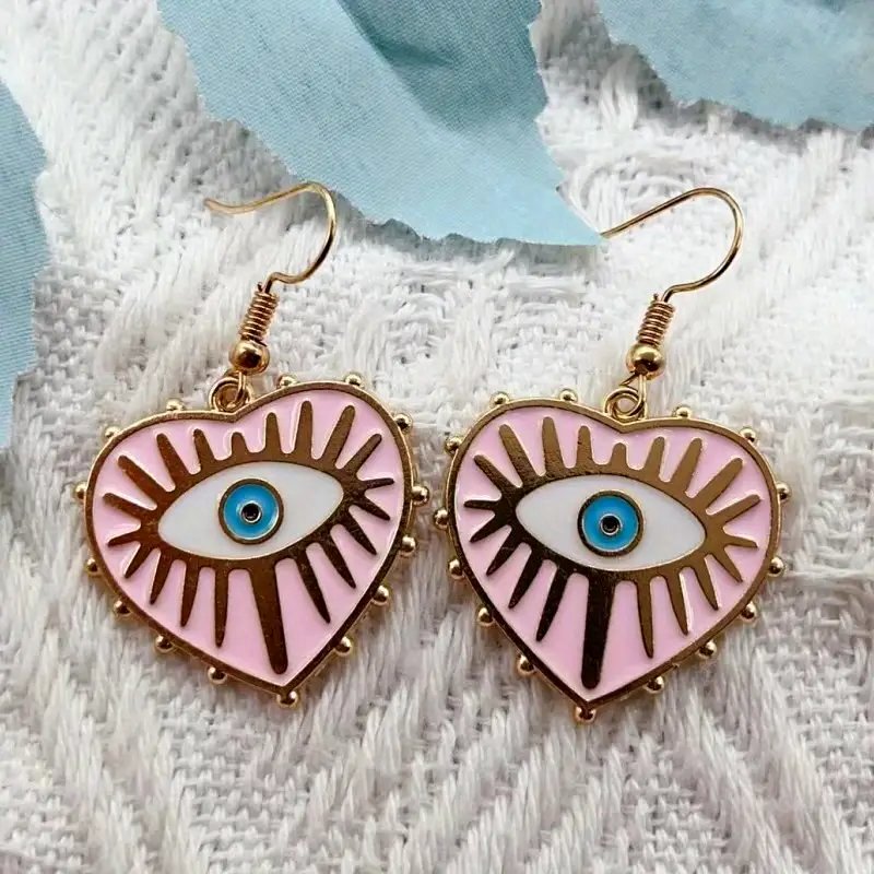 Colorful Heart Evil Eye Pattern Dangle Earrings