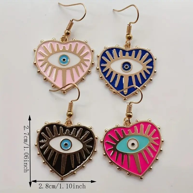 Colorful Heart Evil Eye Pattern Dangle Earrings - photo 3
