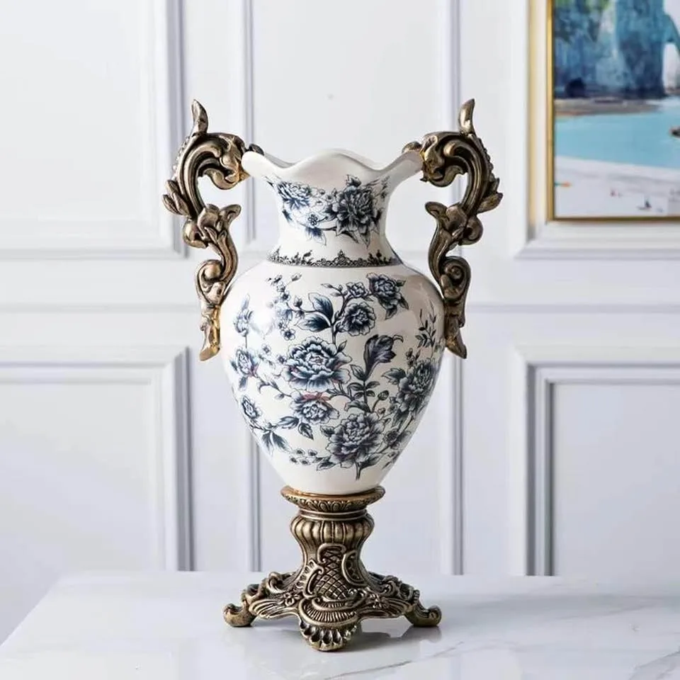 Tall Blue & White Ceramic Floor Vase – 16.5" Accent thumbnail