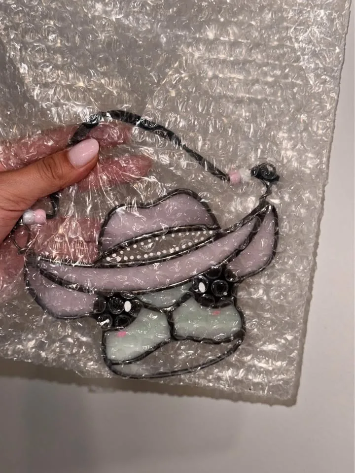 READY TO GIFT 🌸🐸 Hand Made Stained Glass Frog w/ Pink Hat image indicator(2)