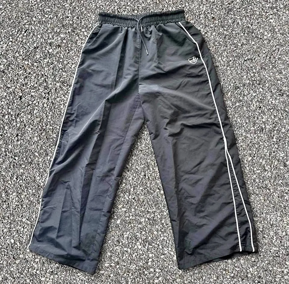 Dazy Wide Leg Track Pants Athleisure Drawstring Black White Trim thumbnail