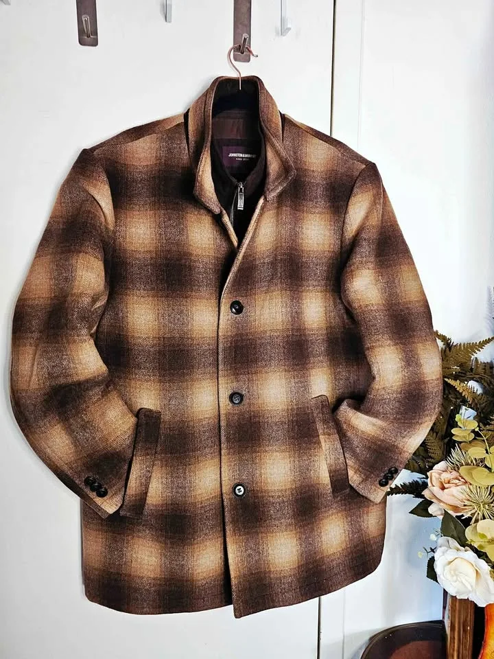 Size L Johnston & Murphy Brown Plaid Wool Car Coat