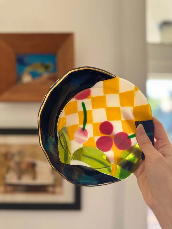 Fused Glass Dish - DM Artist Signed - Cherry Pattern image indicator(6)