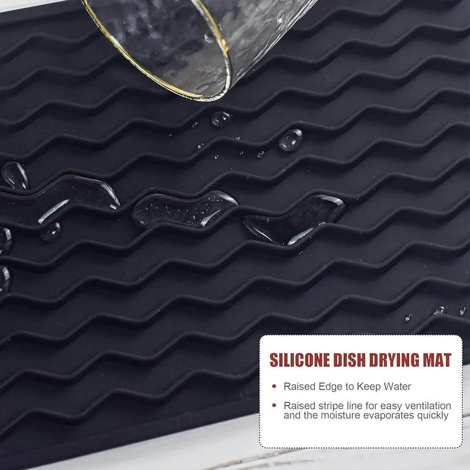 New Silicone Dish Drying Mat 12" x 6", BLACK image indicator(3)