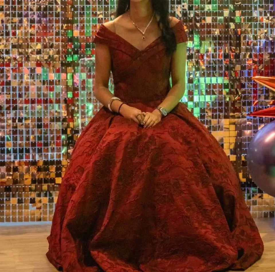 Burgundy Off Shoulder Ballgown 💞 image indicator(3)