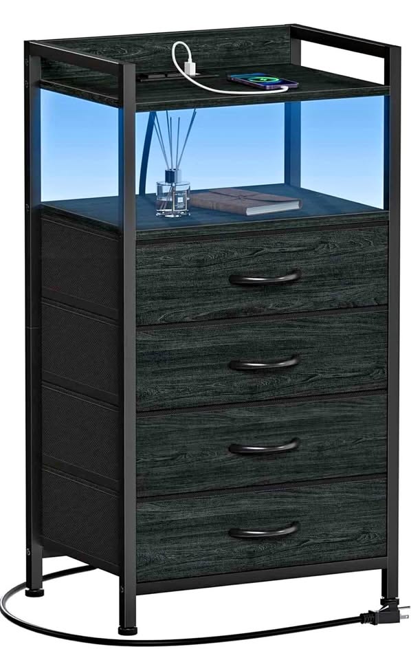 LED Dresser Night Stand with Charging Station & Drawers