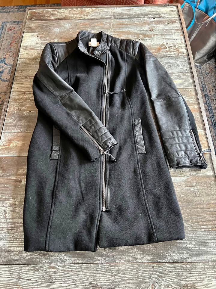 Ellos Moto Coat Jacket Black Wool & Faux Leather Sz 12 US