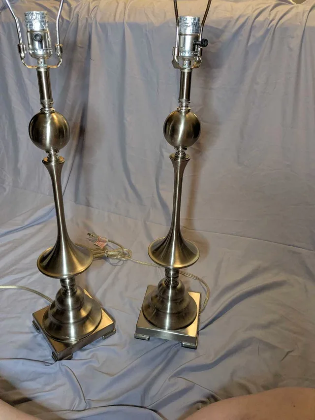 Matching brushed nickel lamps. Good condition no lampshades. image indicator(3)