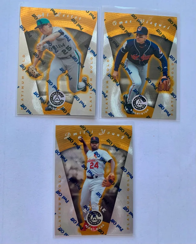 3 Platinum Gold MLB Cards - Leiter, Vizquel, Young thumbnail