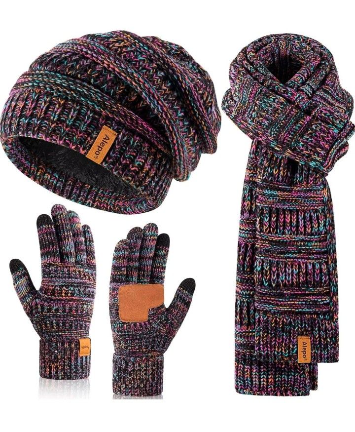 Winter Beanie Hat Scarf Gloves Set