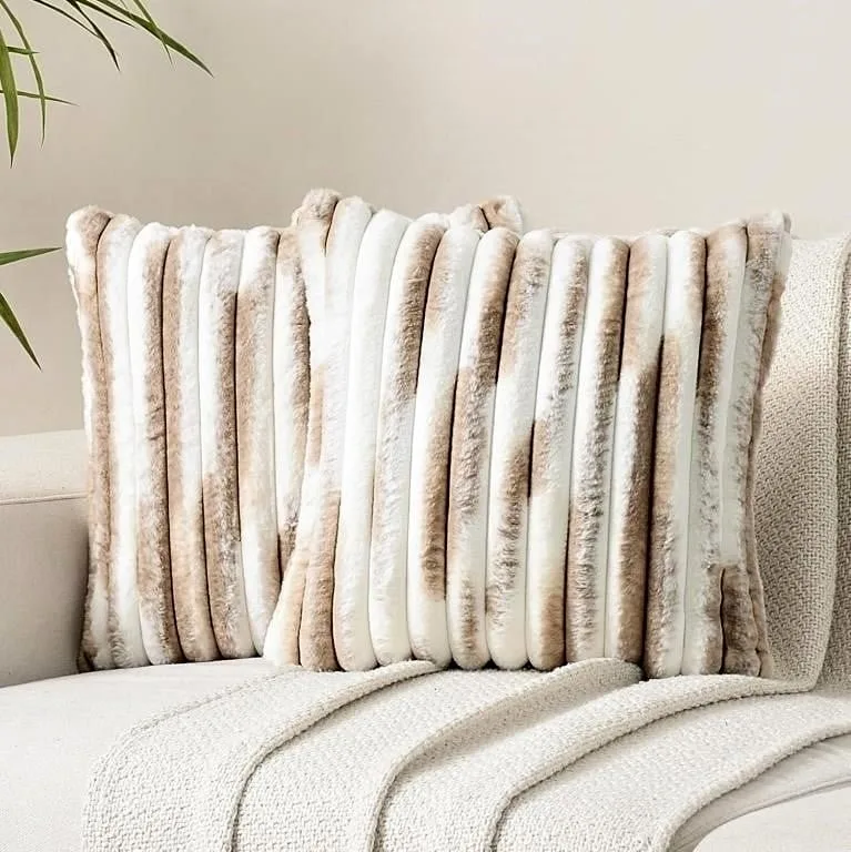 Set of 2 Soft Striped Faux Fur Pillow Covers 18 x 18 cm thumbnail