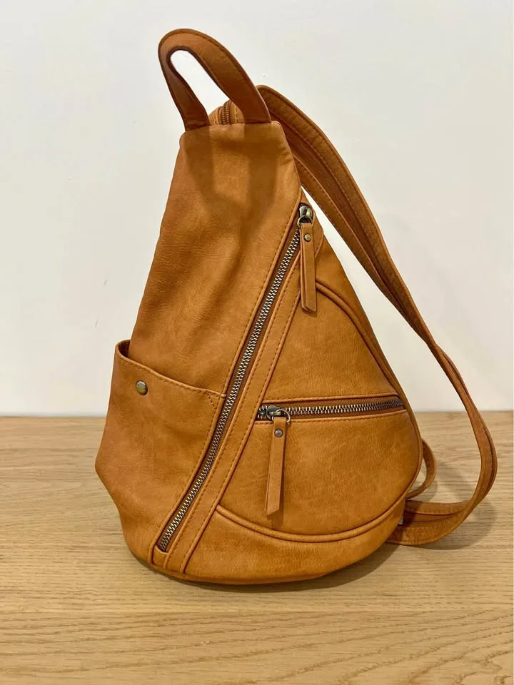 Brown Faux Leather Sling Backpack thumbnail