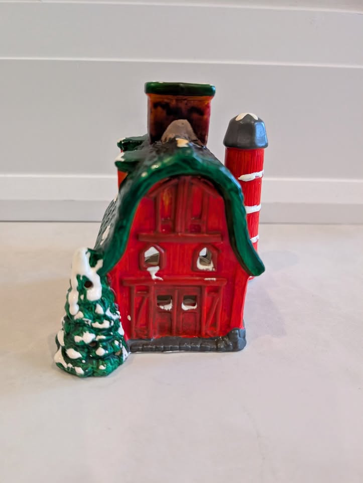 Christmas Village Ceramic Red Barn Tealight lit