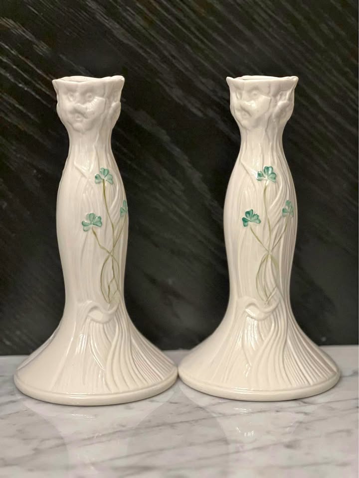Belleek Irish Shamrock Daisy candlesticks