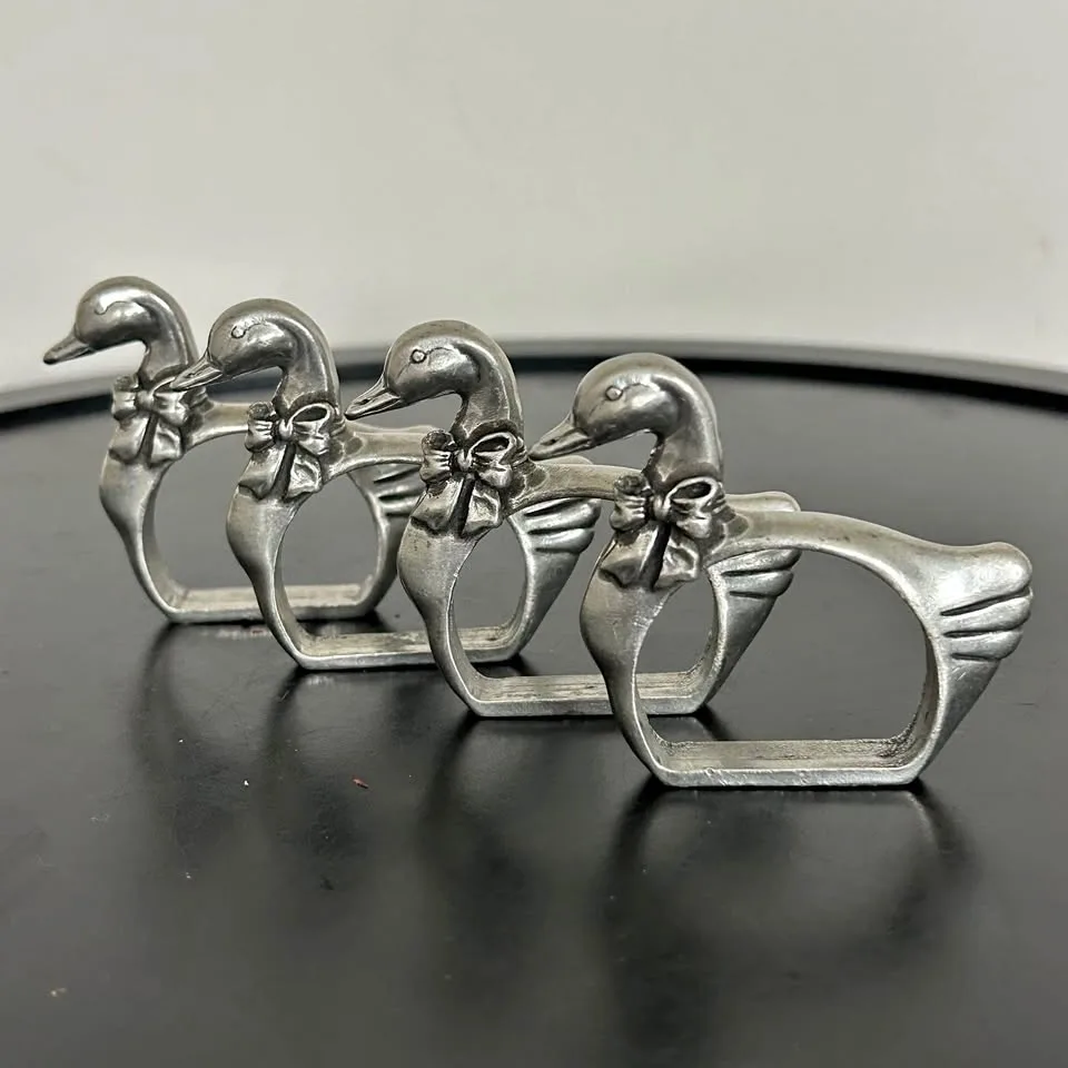 Set of 4 Vintage Pewter Duck Napkin Rings thumbnail