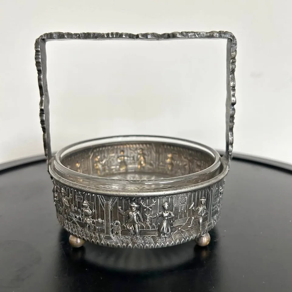 Vintage Silver Sugar Basket with Glass Insert thumbnail