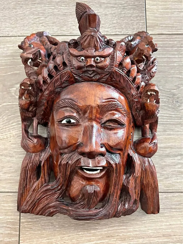 Antique Chinese Rosewood Mask - Winking Deity Dragons thumbnail