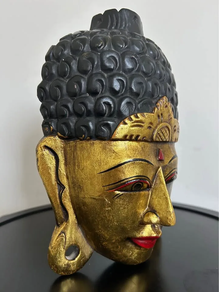Hand-Painted Buddha Face Wall Mask – Gold & Black Wood Art 8” image indicator(2)