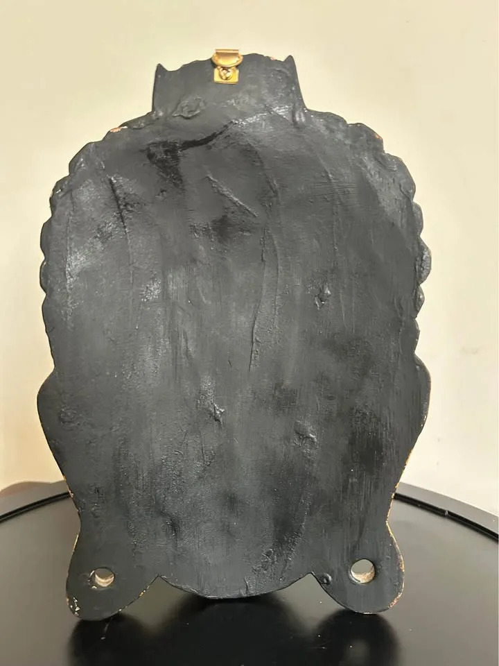 Hand-Painted Buddha Face Wall Mask – Gold & Black Wood Art 8” image indicator(6)