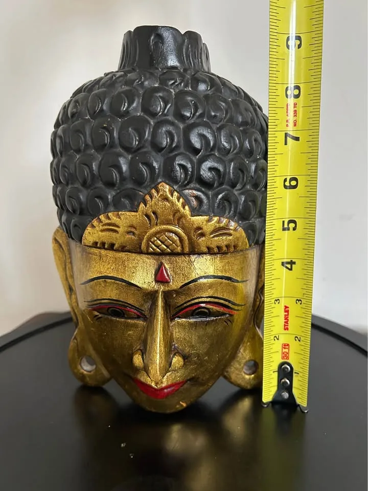 Hand-Painted Buddha Face Wall Mask – Gold & Black Wood Art 8” image indicator(8)