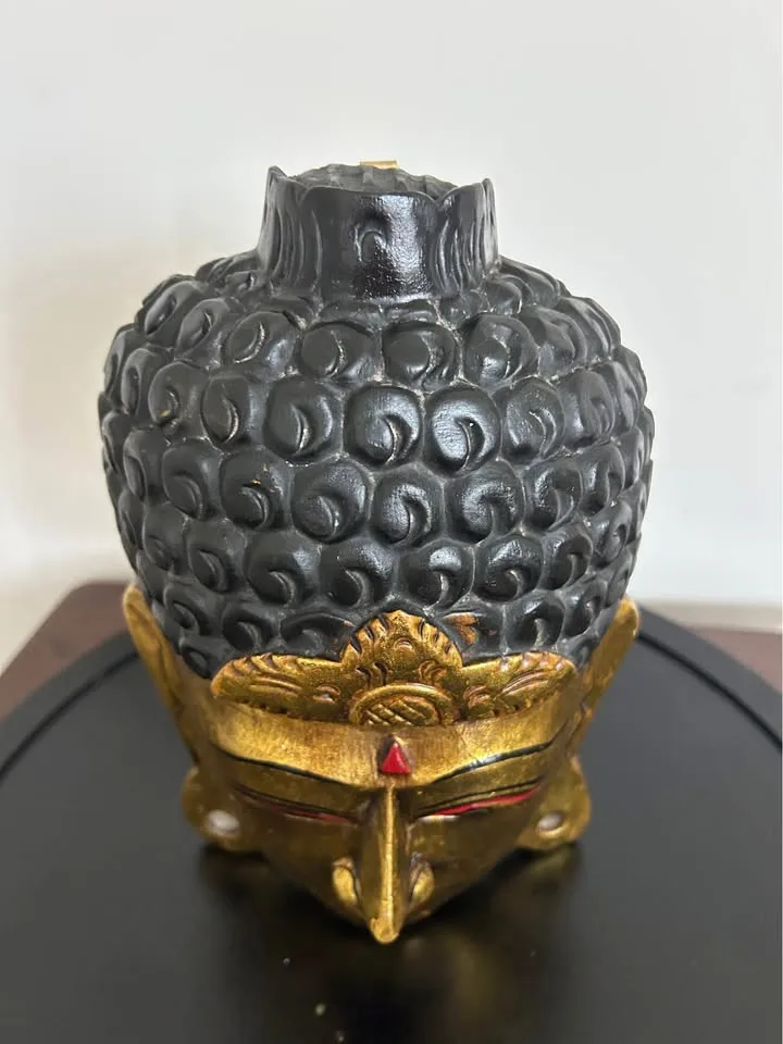 Hand-Painted Buddha Face Wall Mask – Gold & Black Wood Art 8” image indicator(9)