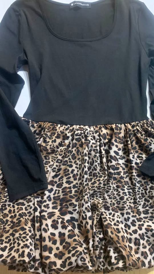🐾 Chic Leopard Print Long-Sleeve Dress - Bubble Hem!
