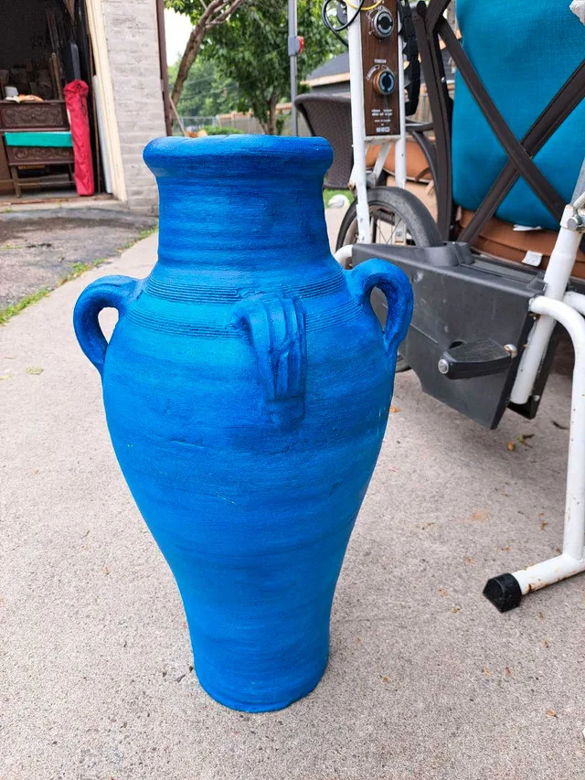Vintage Terracotta Blue Painted Vase 23 inches Tall thumbnail