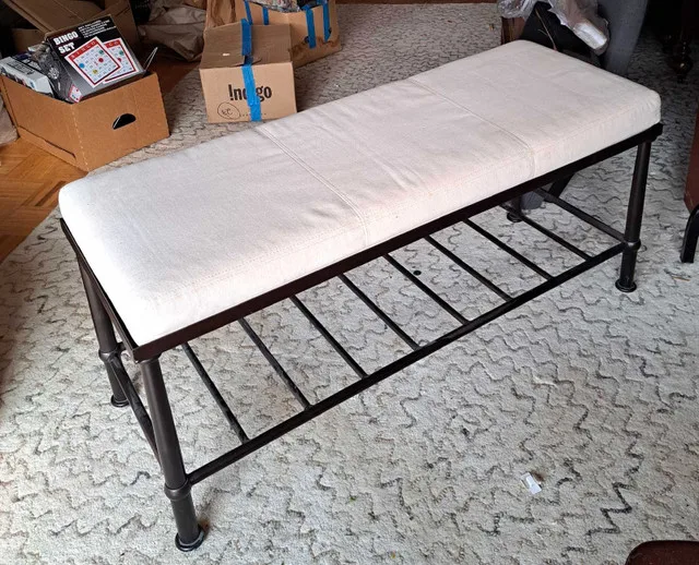 Crate and Barrel White Cushion Metal Bench thumbnail