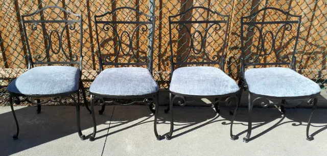 Dining Set , Wrougt Iron Glass Round Table & 4 Light Blue Chairs thumbnail