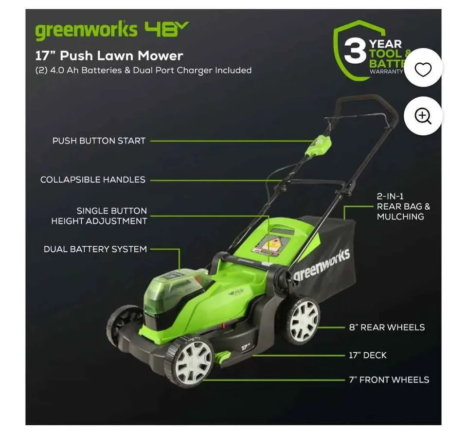 Greenworks 17" Cordless Push Lawn Mower 48 volt image indicator(3)
