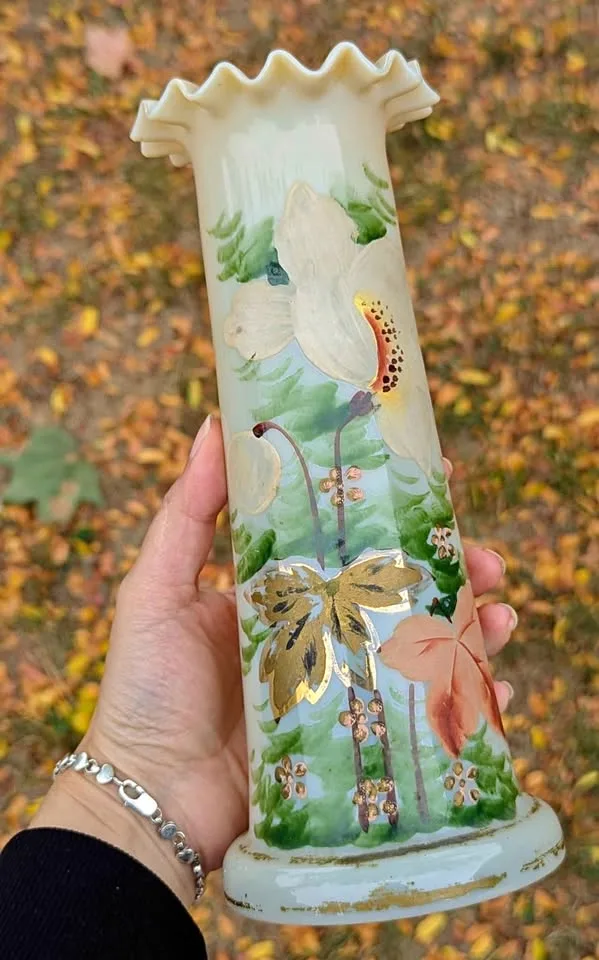 Hand-Blown/Painted Antique Milk Glass Vase thumbnail