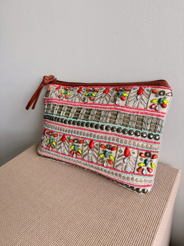 Aldo Brown Leather Beaded Clutch thumbnail