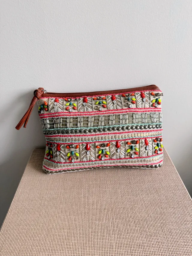 Aldo Brown Leather Beaded Clutch image indicator(2)