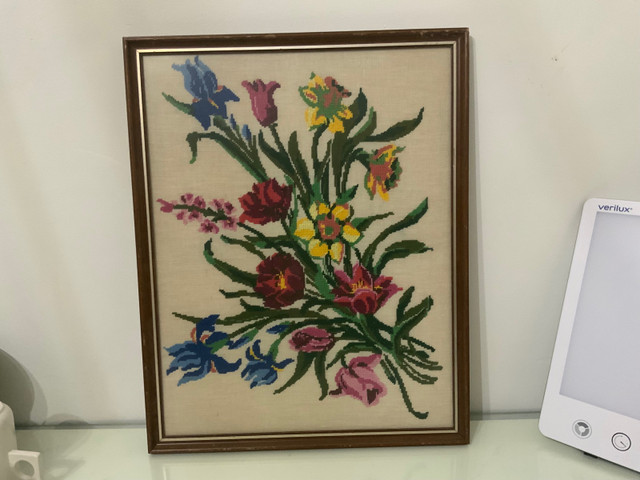 Vintage Framed Needlepoint Embroidery FLOWERS 15.5” X 19.75”