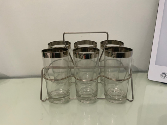 MCM 6 Highball glasses Silver rim with Chrome Caddy Carrier