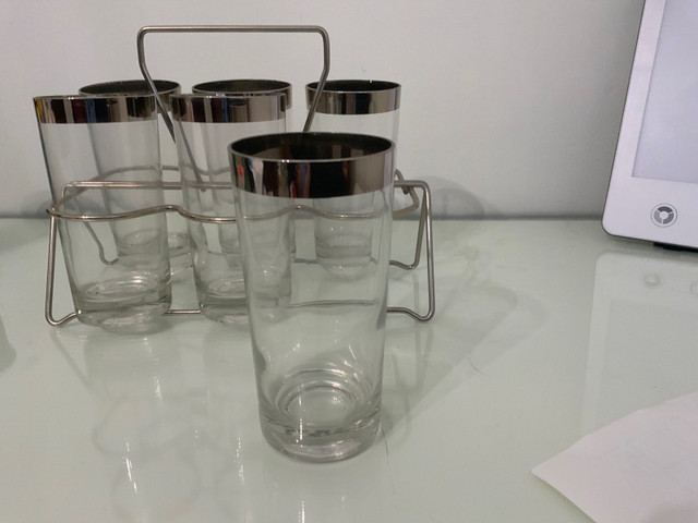 MCM 6 Highball glasses Silver rim with Chrome Caddy Carrier - photo 3
