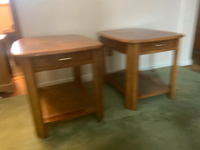 Pair of Solid Wood End Tables with Cane SHELF AND DRAWERS